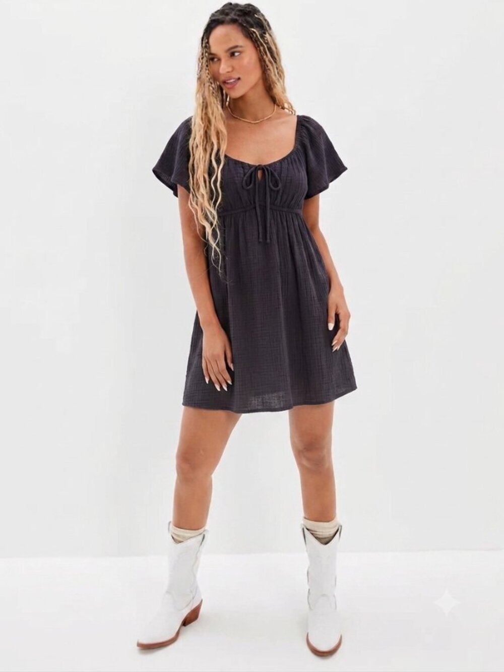 All In Favor Black Flutter Sleeve Babydoll Mini Dress Size Large
